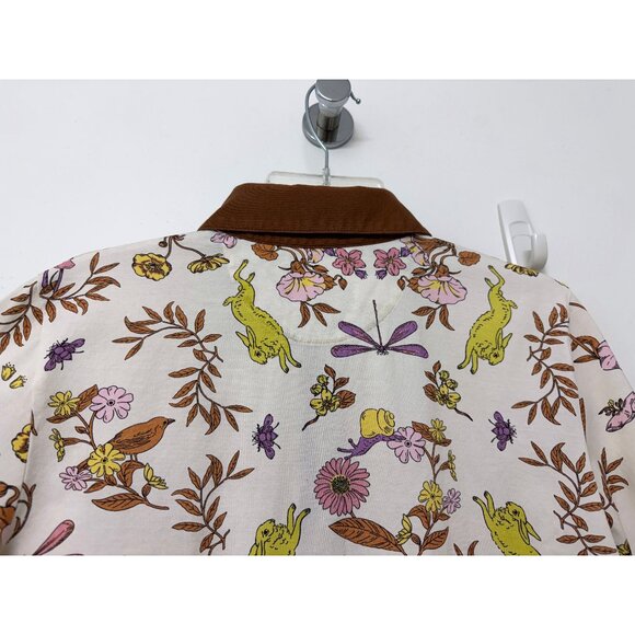 Tory Burch Ivory Rabbit Field Printed Mercerized Polo T Shirt Floral Bunny M - Picture 11 of 15